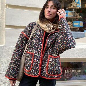 NEW! Women's Cropped Puffer Quilted Jacket Vintage Floral Print-Black